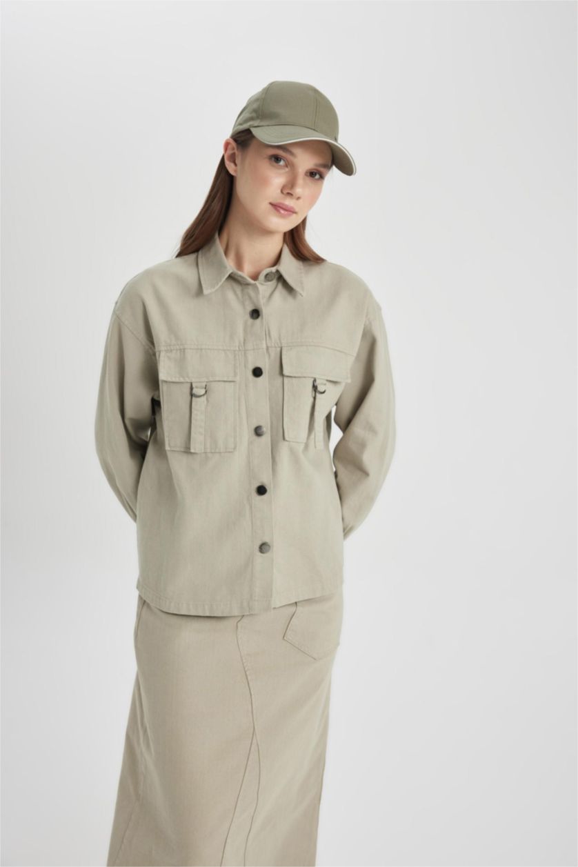 WOMAN Light Khaki Relax Fit Gabardine Long Sleeve Shirt Tunic