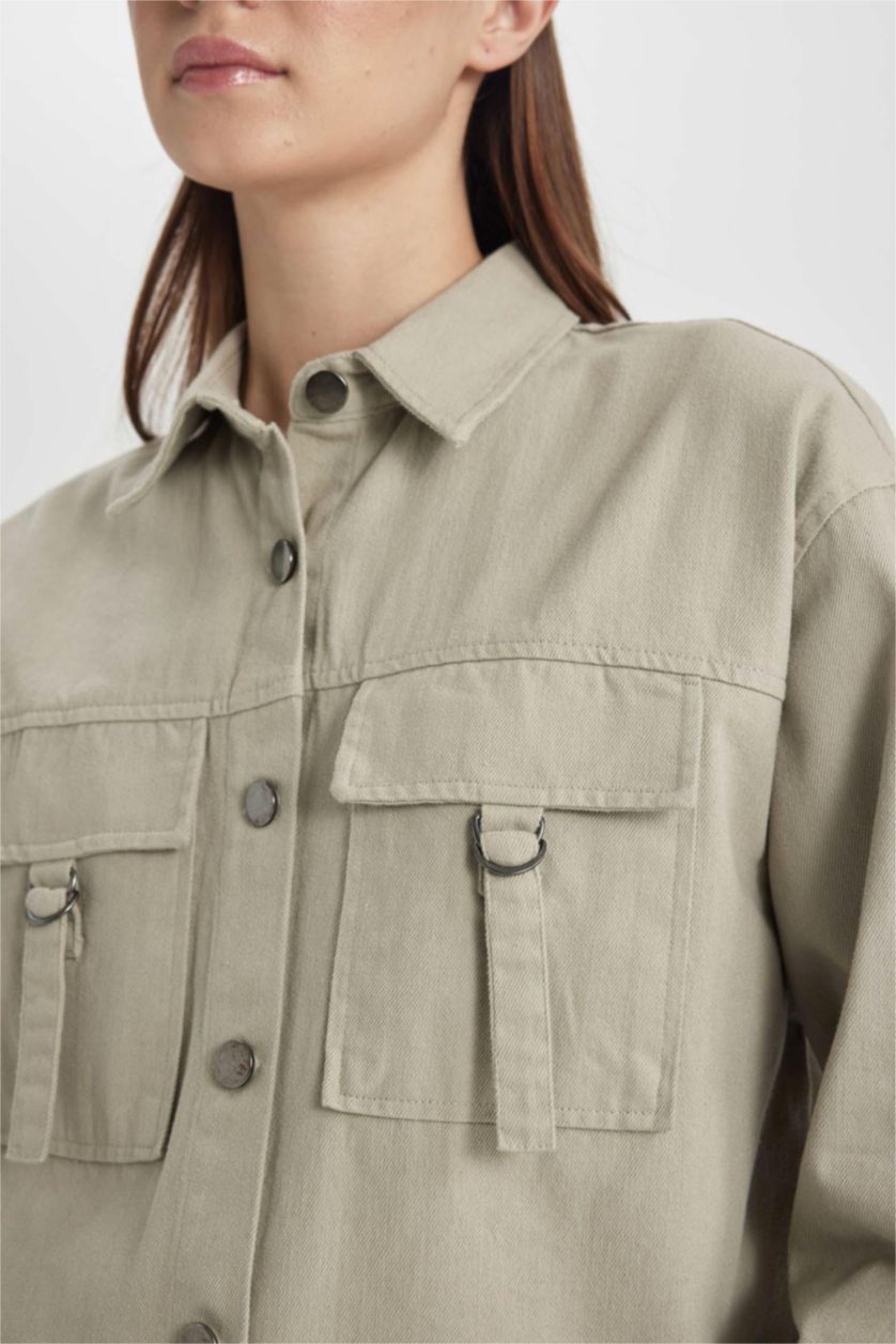 WOMAN Light Khaki Relax Fit Gabardine Long Sleeve Shirt Tunic