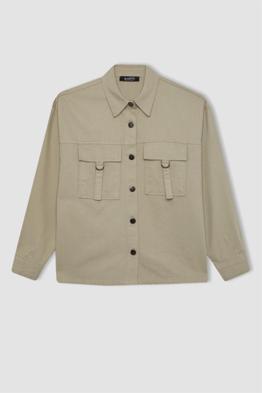 WOMAN Light Khaki Relax Fit Gabardine Long Sleeve Shirt Tunic