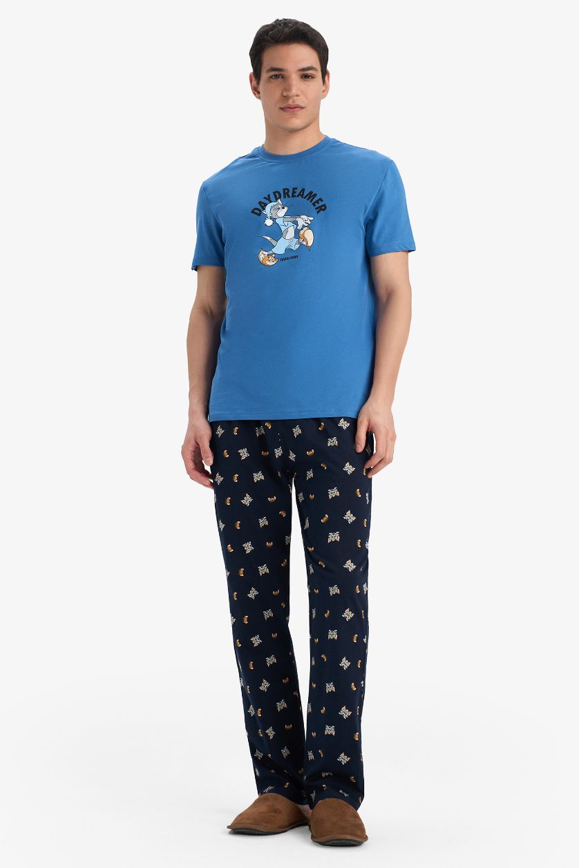 Erkek Mavi Tom & Jerry Pijama Takımı Kısa Kollu Üst Uzun Alt