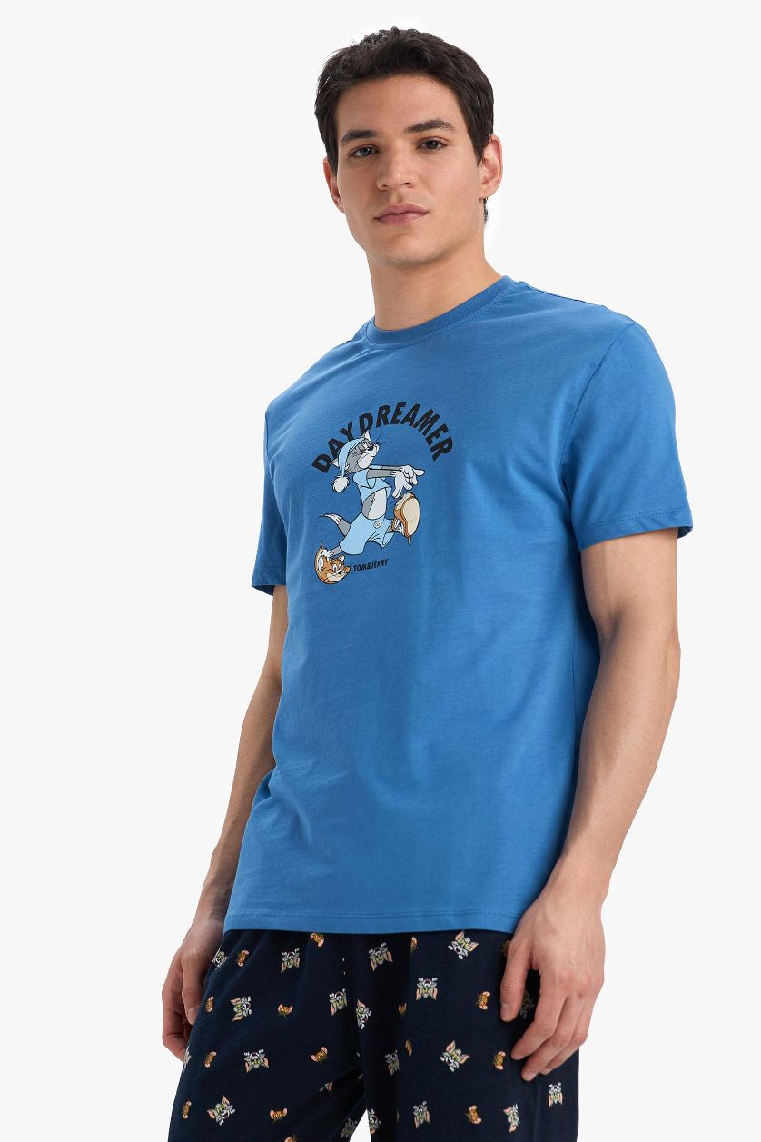 Erkek Mavi Tom & Jerry Pijama Takımı Kısa Kollu Üst Uzun Alt