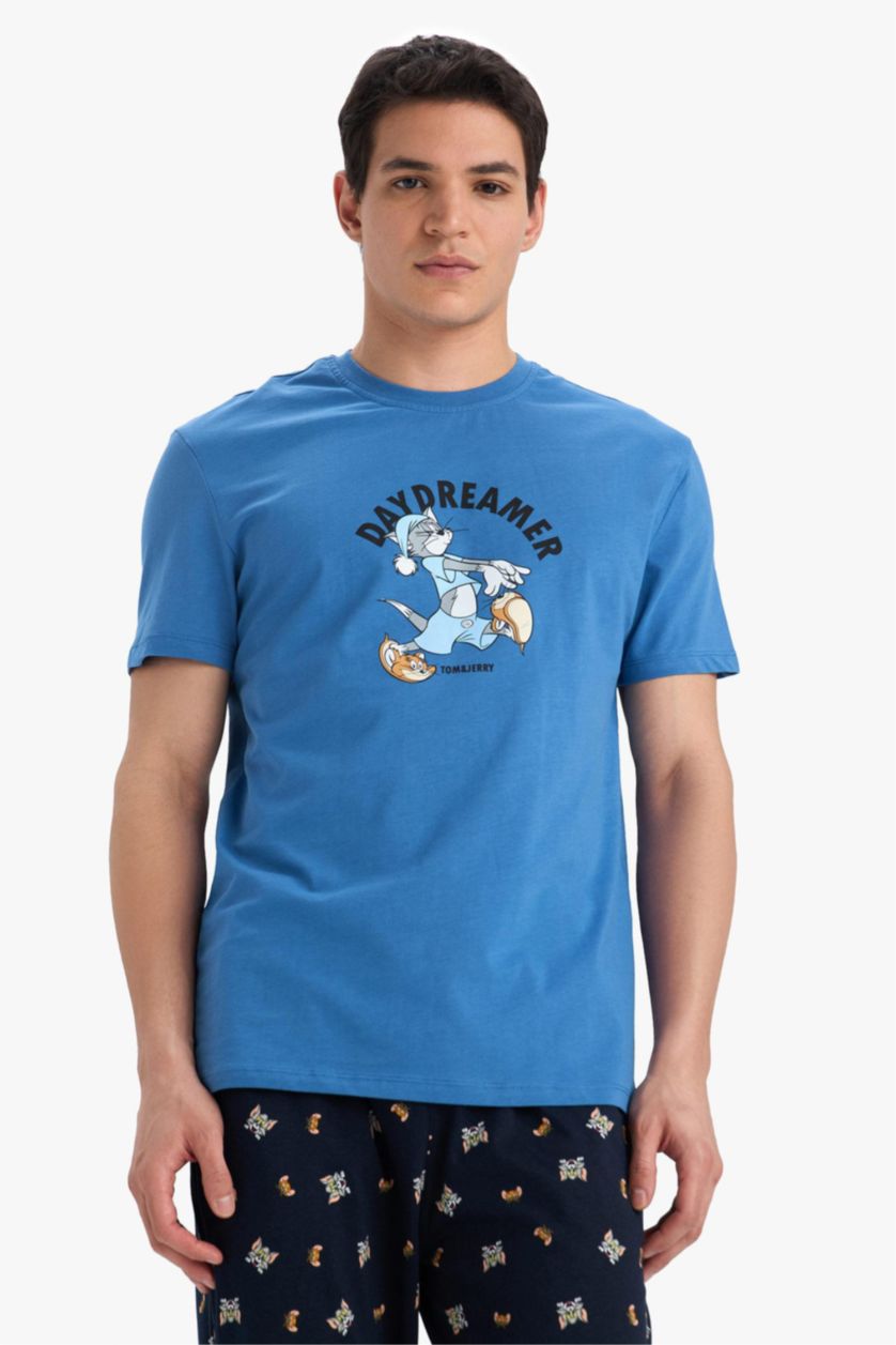 Erkek Mavi Tom & Jerry Pijama Takımı Kısa Kollu Üst Uzun Alt