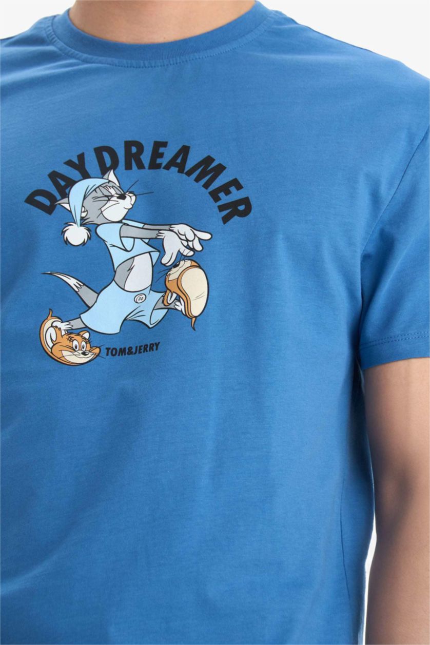 Erkek Mavi Tom & Jerry Pijama Takımı Kısa Kollu Üst Uzun Alt