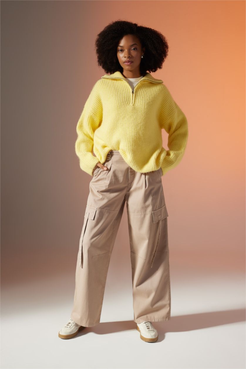 Woman Beige Wide Leg High Waist Cargo Pants