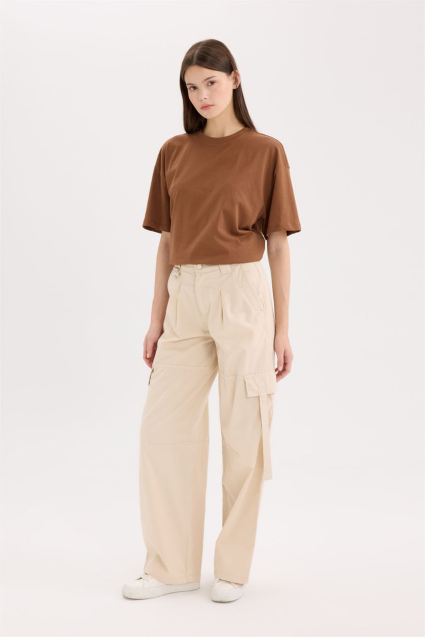Woman Beige Wide Leg High Waist Cargo Pants