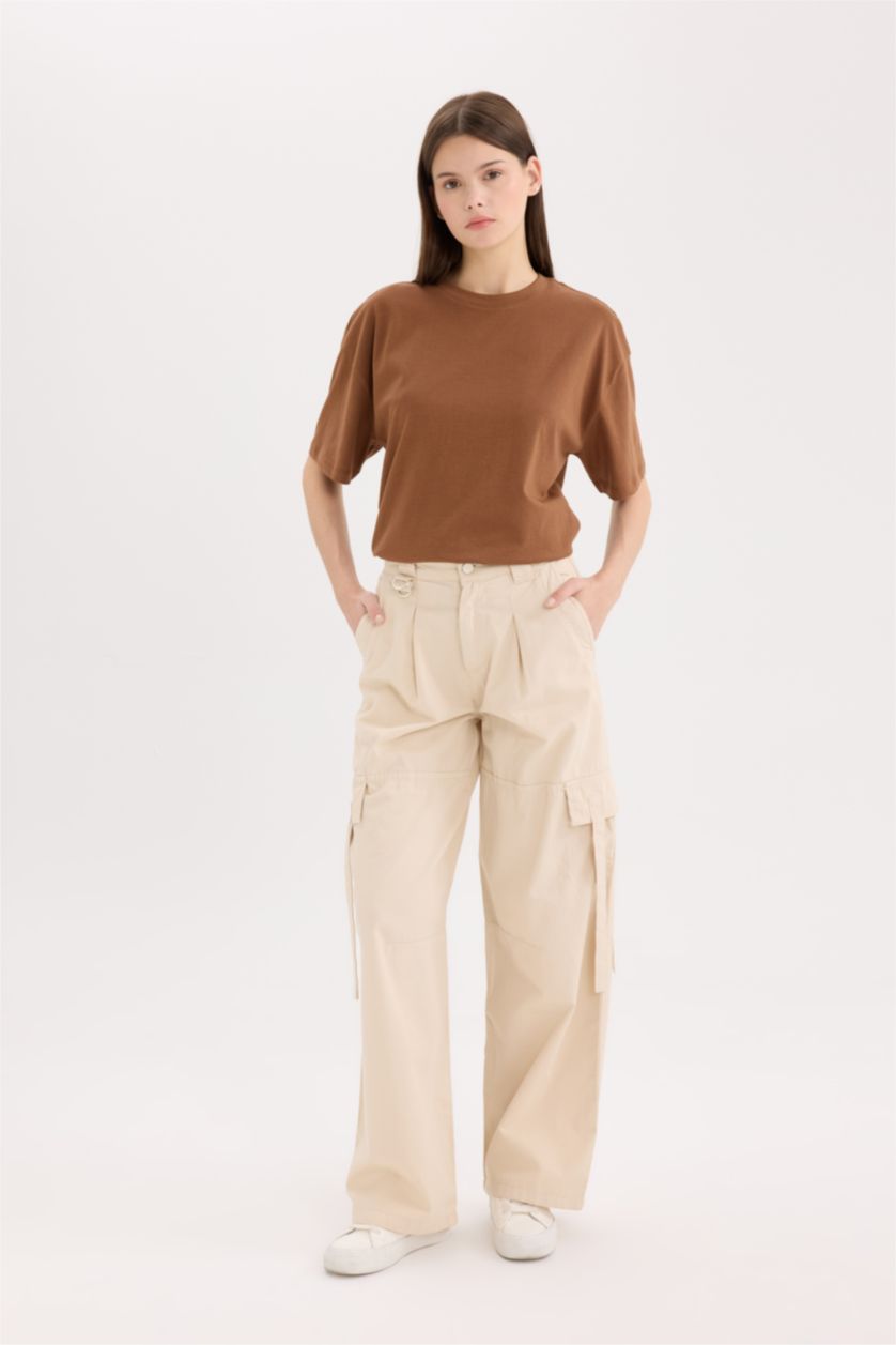 Woman Beige Wide Leg High Waist Cargo Pants
