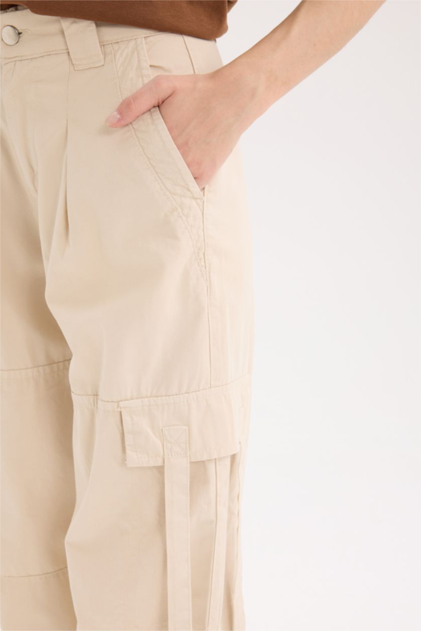 Woman Beige Wide Leg High Waist Cargo Pants
