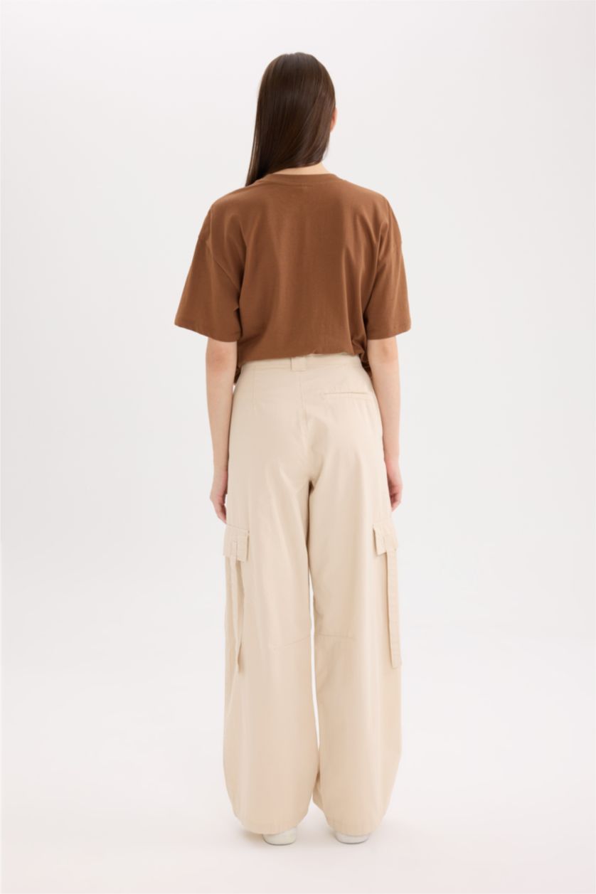 Woman Beige Wide Leg High Waist Cargo Pants