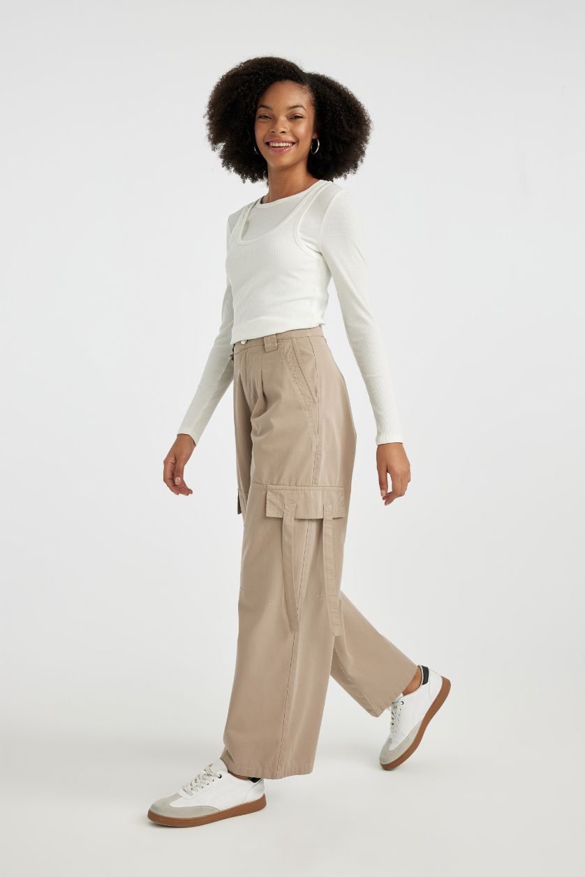 نساء بيج بنطرون كارجو برجل واسع وايد ليج بجيب وخصر عالي