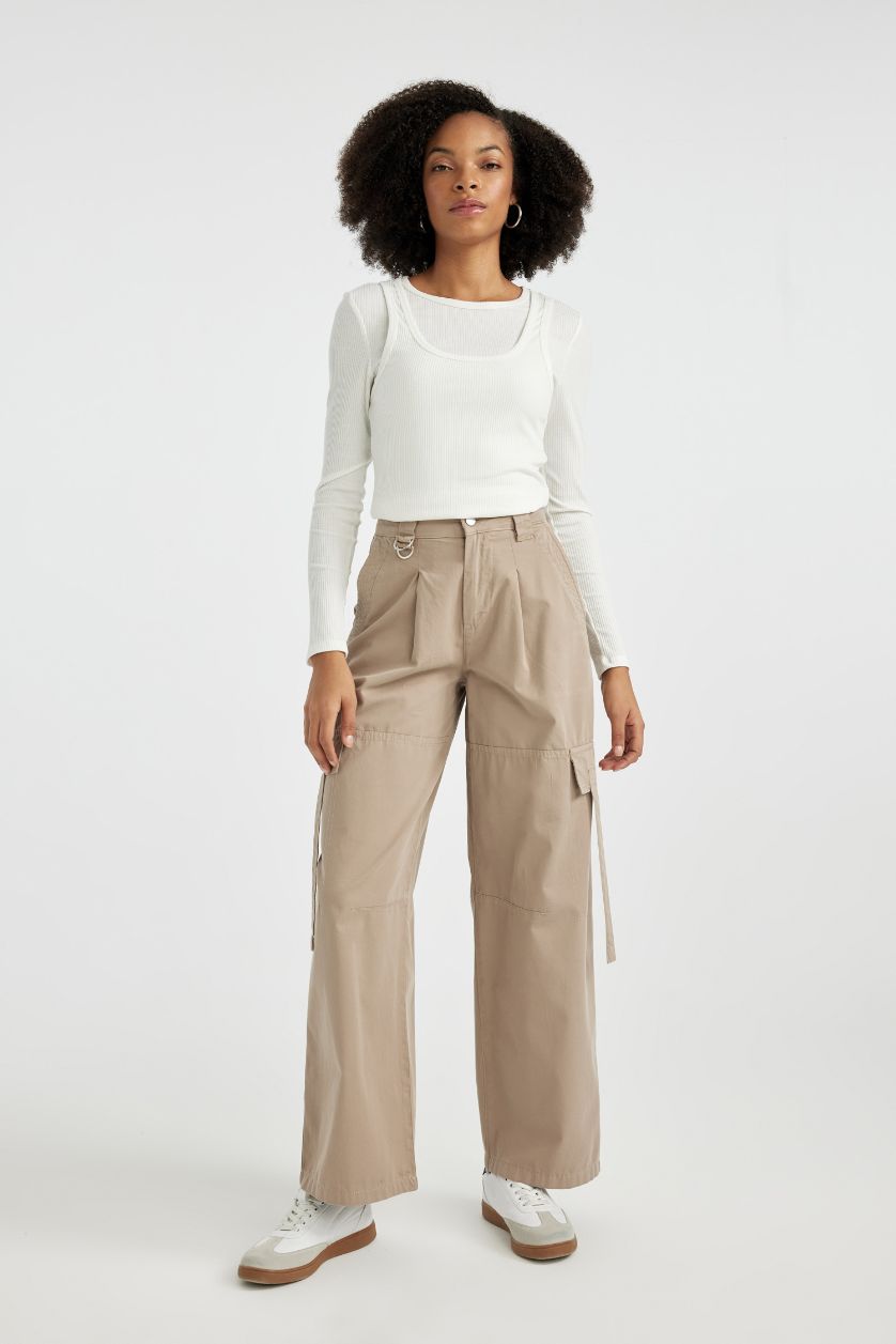 نساء بيج بنطرون كارجو برجل واسع وايد ليج بجيب وخصر عالي