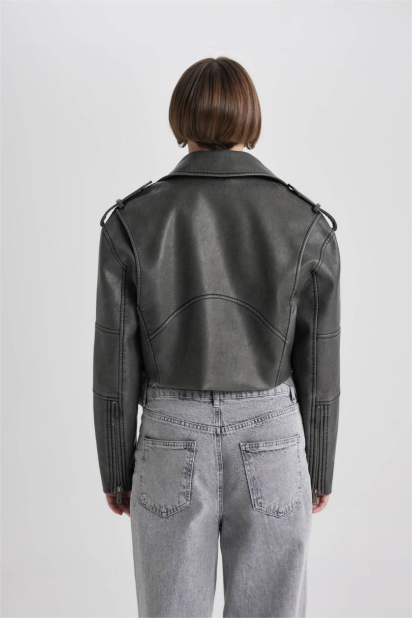 Kadın Antrasit Regular Kalıp Fermuarlı Eskitme Suni Deri Kısa Bomber Ceket