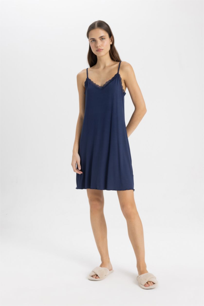 Kadın Lacivert Fall in Love Regular Fit V Yaka Askılı Gecelik