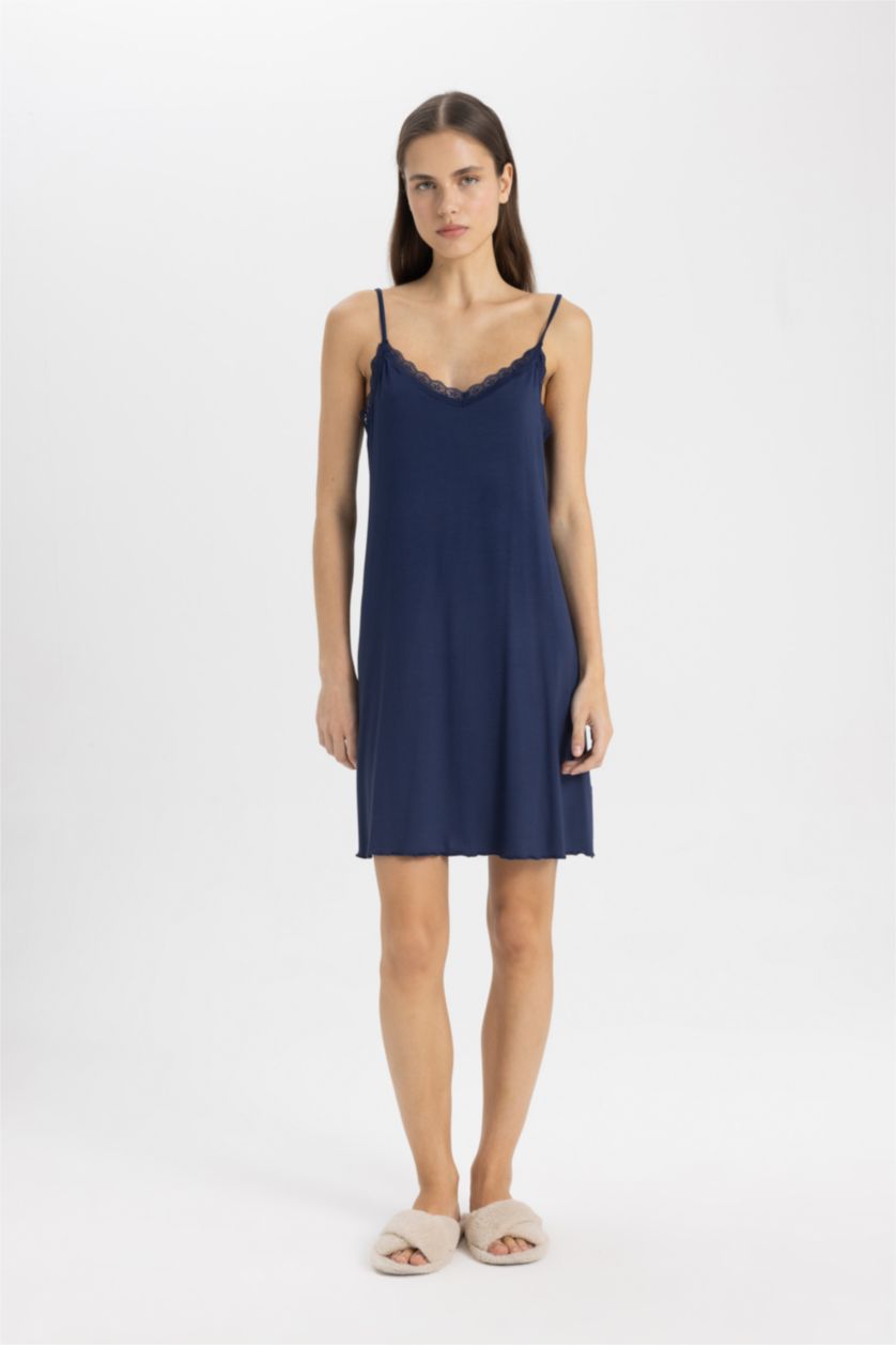 Kadın Lacivert Fall in Love Regular Fit V Yaka Askılı Gecelik