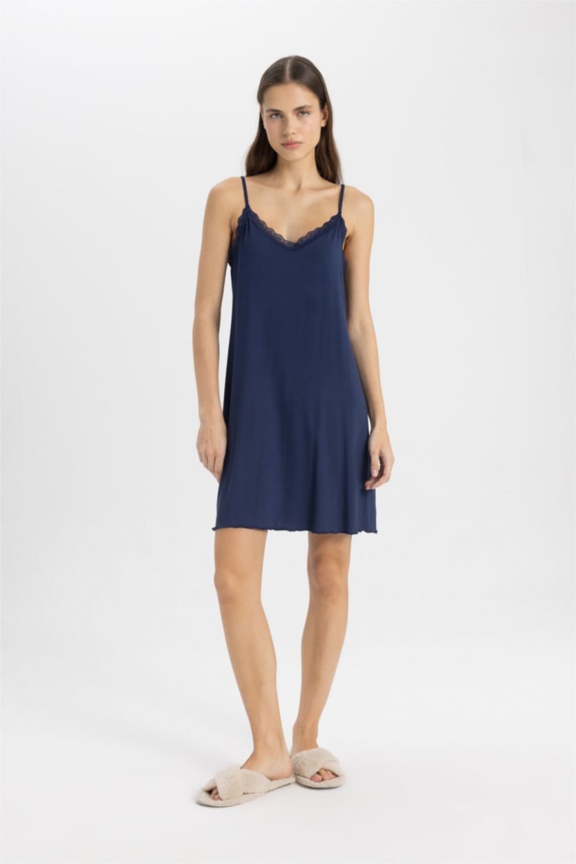 Kadın Lacivert Fall in Love Regular Fit V Yaka Askılı Gecelik