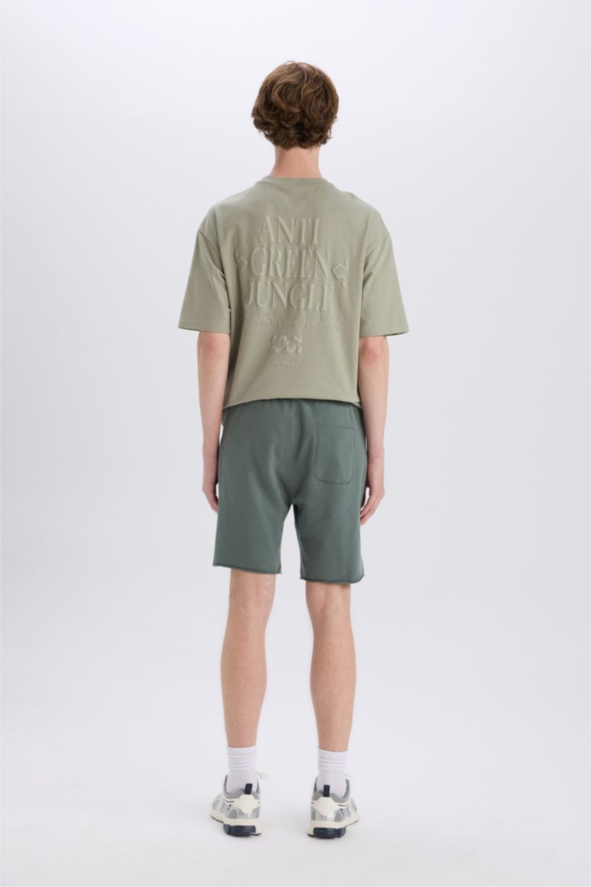 Erkek Yeşil %100 Pamuk Slim Fit Dar Kesim Dar Paça Cepli Basic Düz Şort