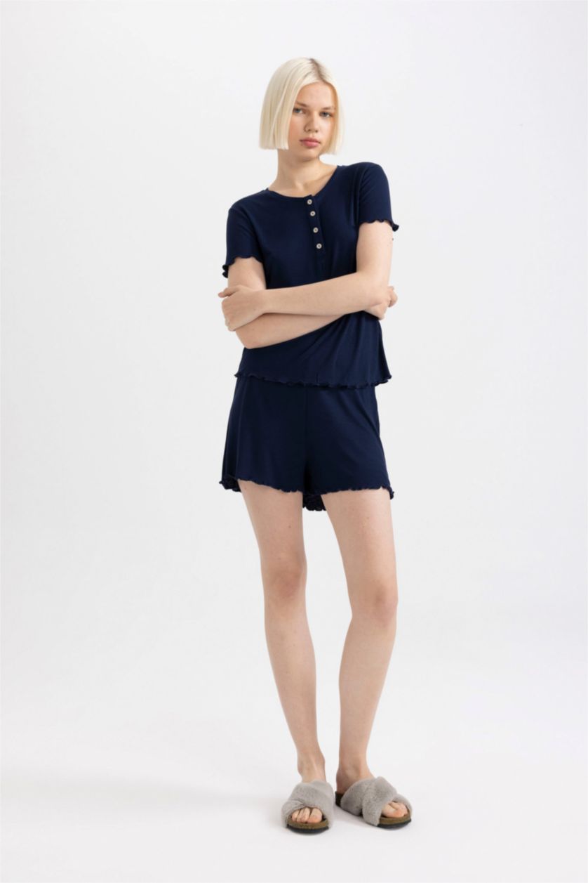 Kadın Lacivert Pijama Takımı Ribana Kısa Kollu Üst Şort-Fall in Love