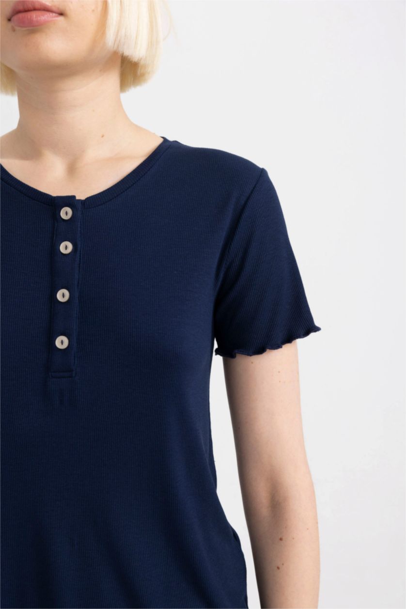 Kadın Lacivert Pijama Takımı Ribana Kısa Kollu Üst Şort-Fall in Love