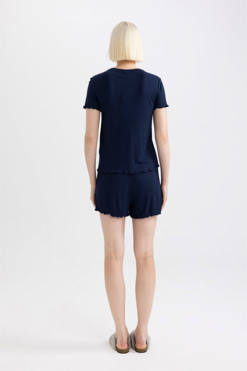 Kadın Lacivert Pijama Takımı Ribana Kısa Kollu Üst Şort-Fall in Love