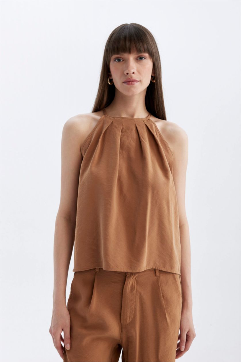 FEMME Marron Chemisier Sans Manches coupe régulière Col Rond