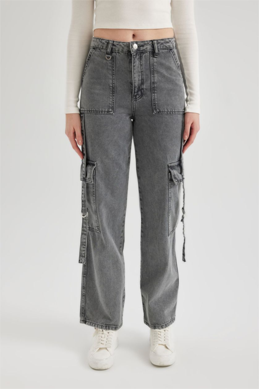 Женщины Антрацит Джинсы Wide Leg с высокой талией