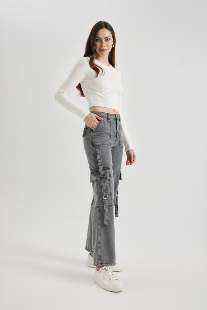 Женщины Антрацит Джинсы Wide Leg с высокой талией