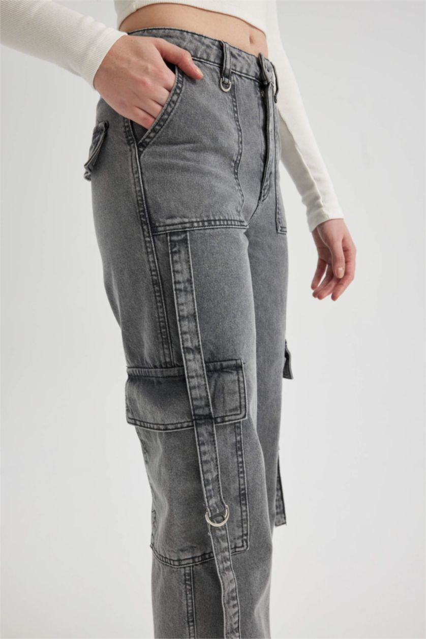 Женщины Антрацит Джинсы Wide Leg с высокой талией