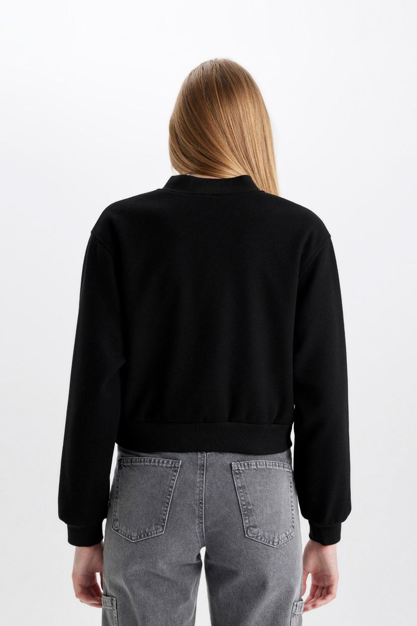 Kadın Siyah Kolej Yaka Basic Düz Çıtçıtlı Bomber Kısa Kaşe Ceket