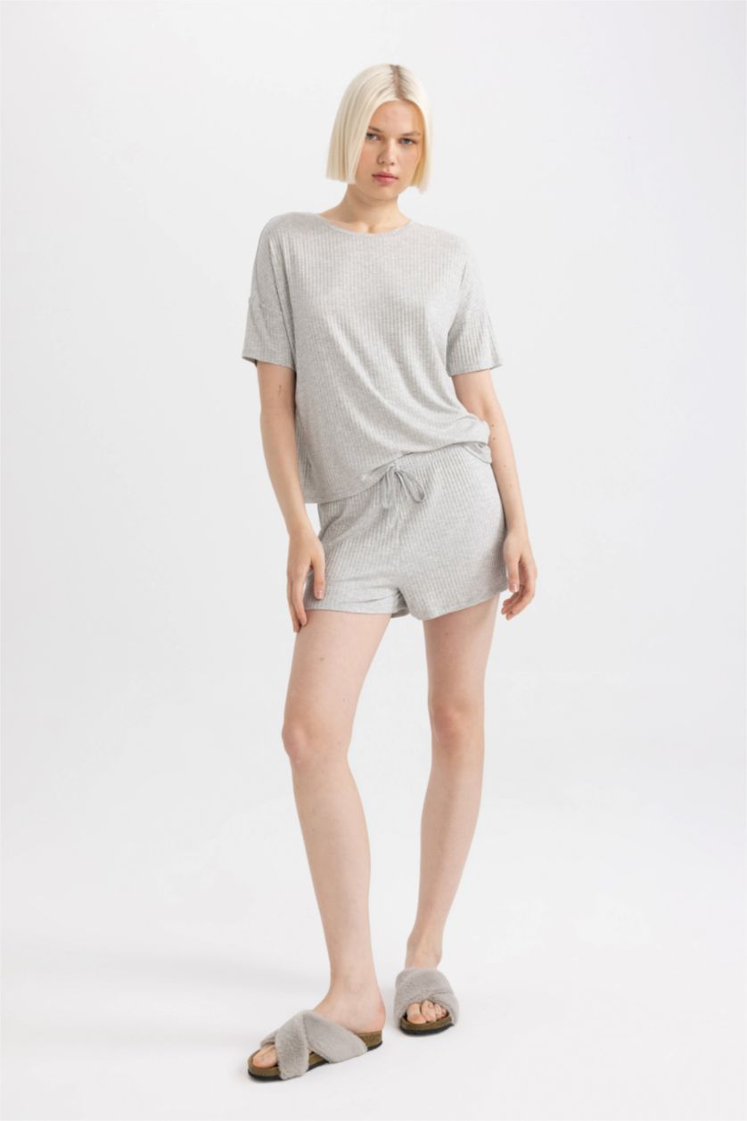 FEMME Gris Ensemble pyjama short à manches courtes côtelé