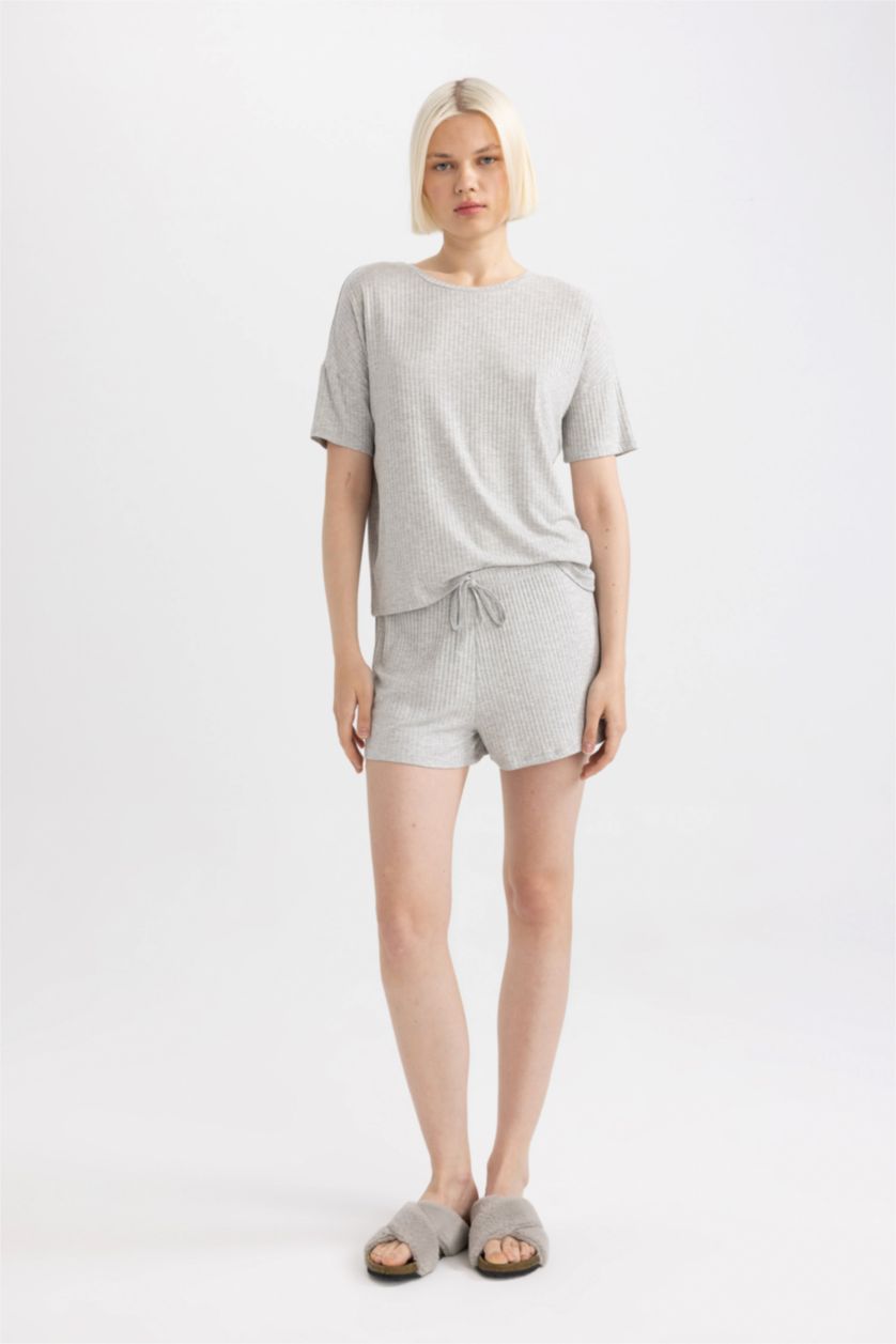 FEMME Gris Ensemble pyjama short à manches courtes côtelé