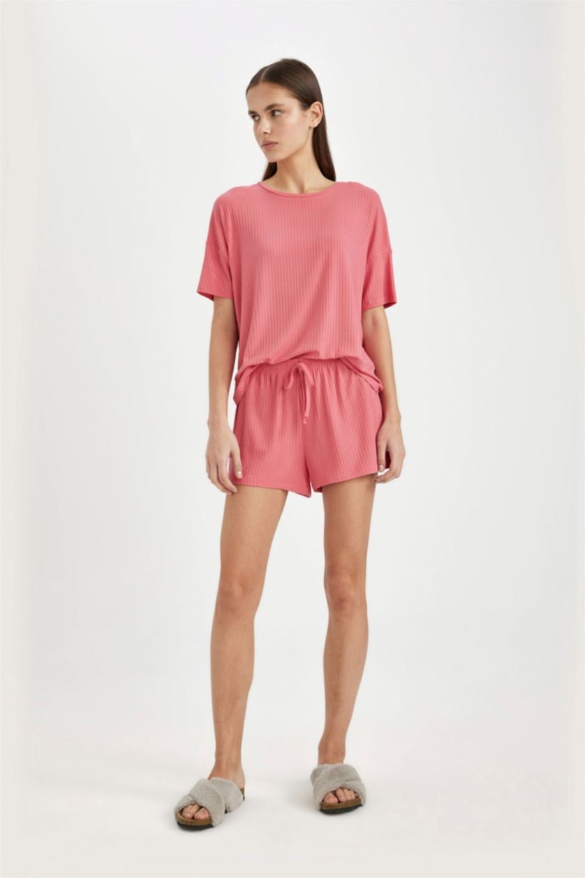 Kadın Koyu Mercan Pijama Takımı Ribana Kısa Kollu Üst Beli Lastikli Şort Altı-Fall in Love