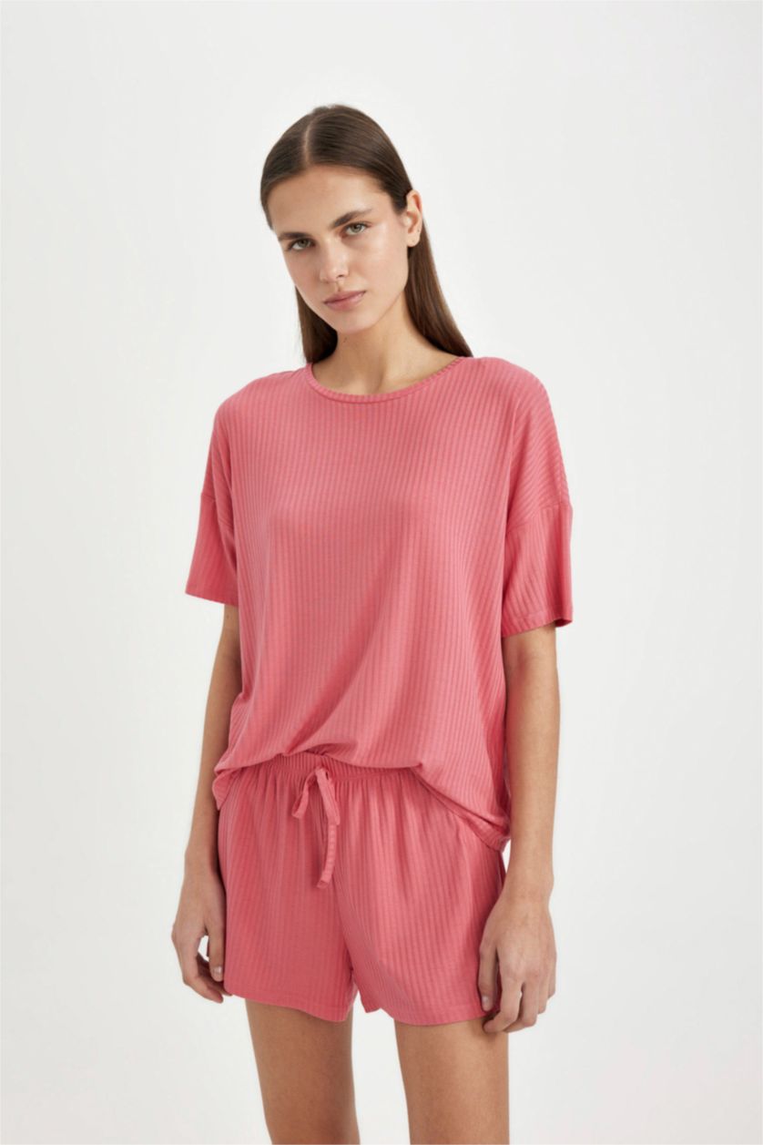 Kadın Koyu Mercan Pijama Takımı Ribana Kısa Kollu Üst Beli Lastikli Şort Altı-Fall in Love