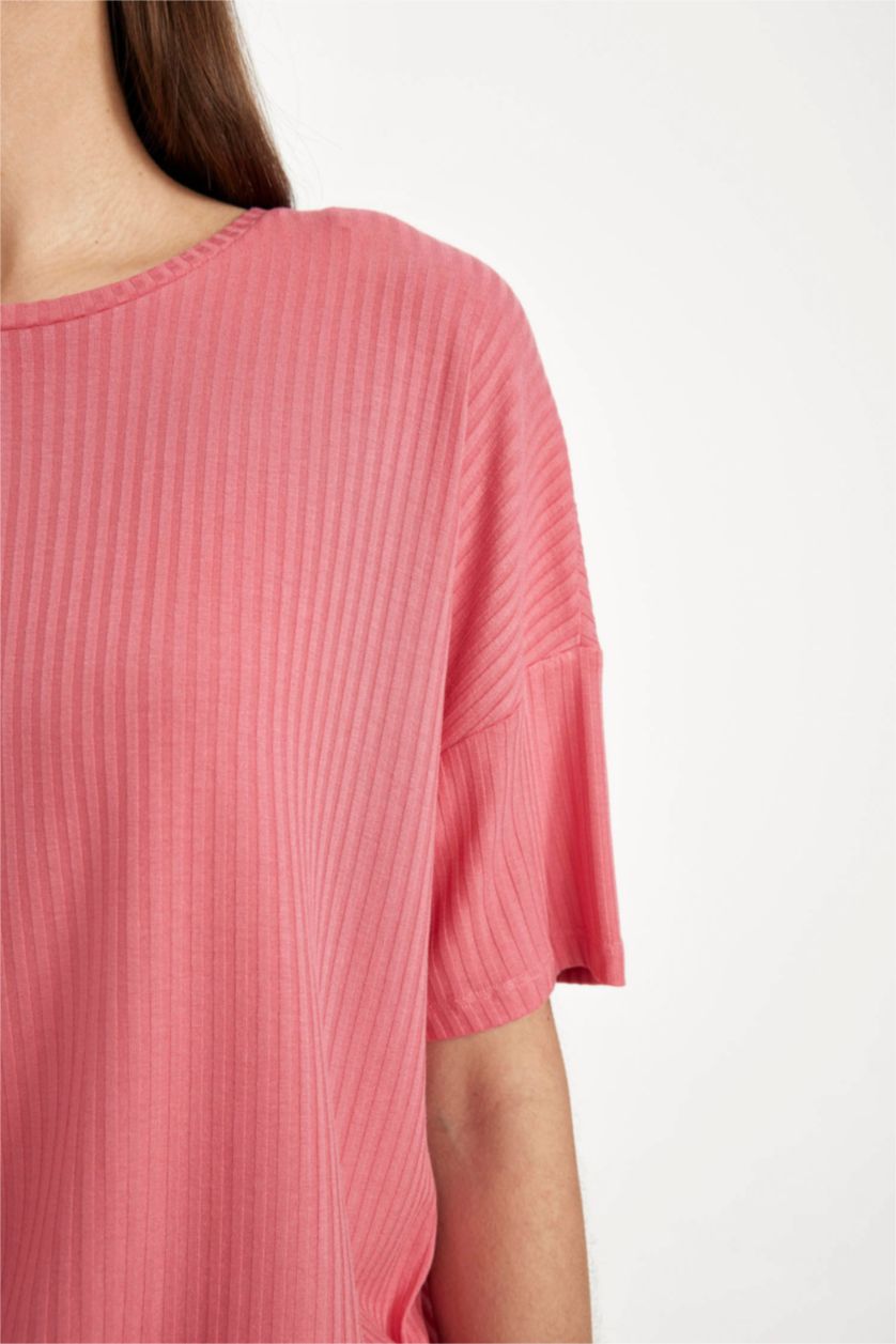 Kadın Koyu Mercan Pijama Takımı Ribana Kısa Kollu Üst Beli Lastikli Şort Altı-Fall in Love