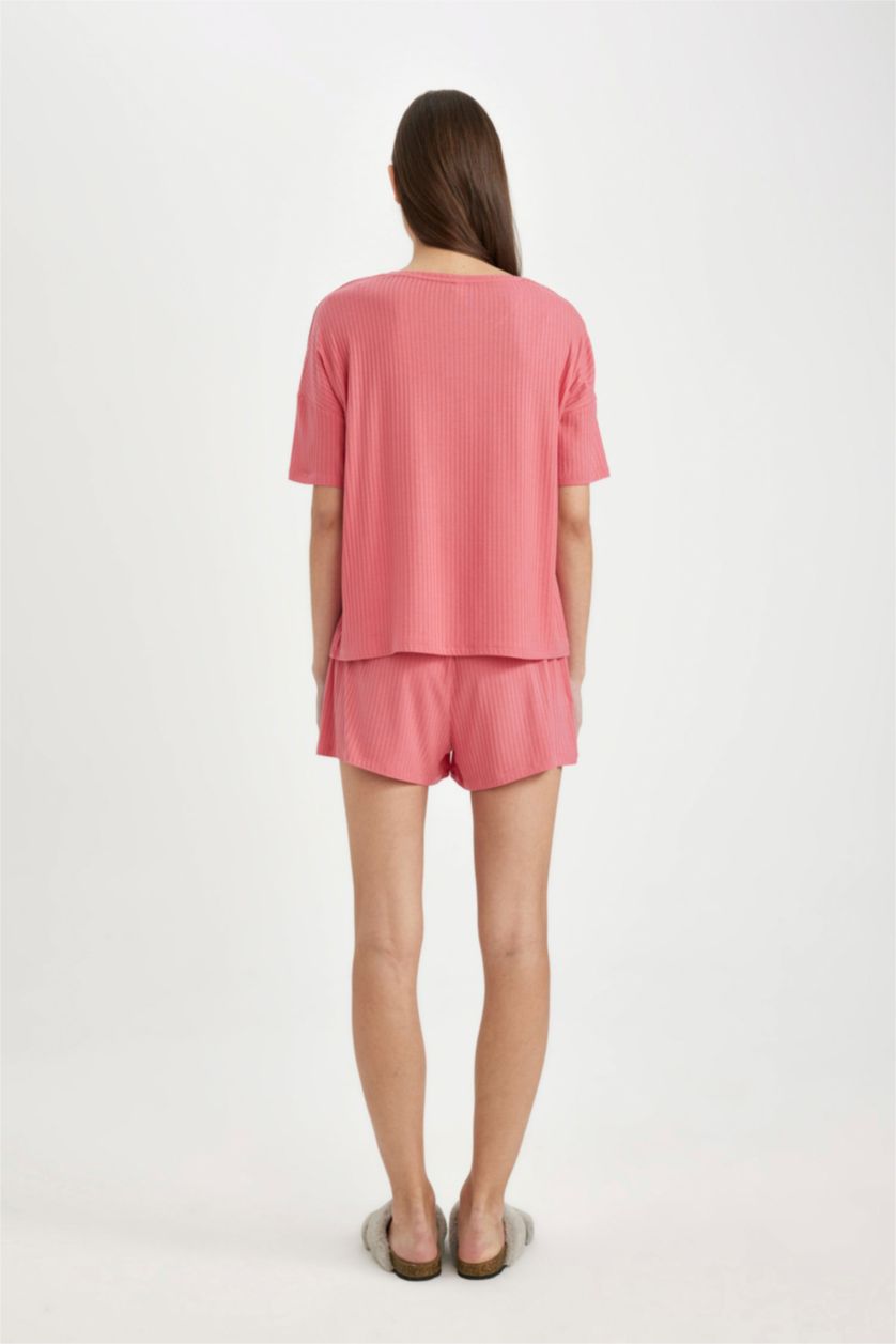 Kadın Koyu Mercan Pijama Takımı Ribana Kısa Kollu Üst Beli Lastikli Şort Altı-Fall in Love