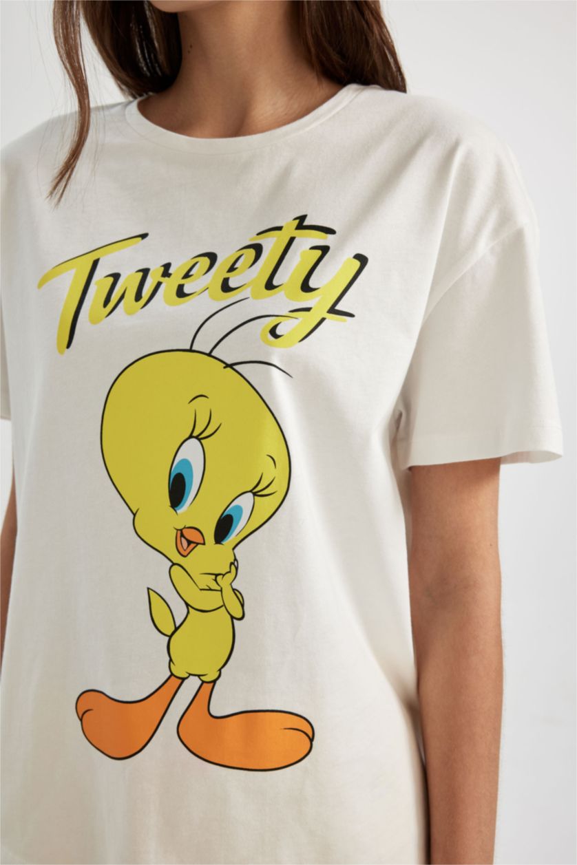 Kadın Sarı Looney Tunes Pijama Takım Kısa Kollu Üst  Şort Beli Lastikli Alt -Fall in Love