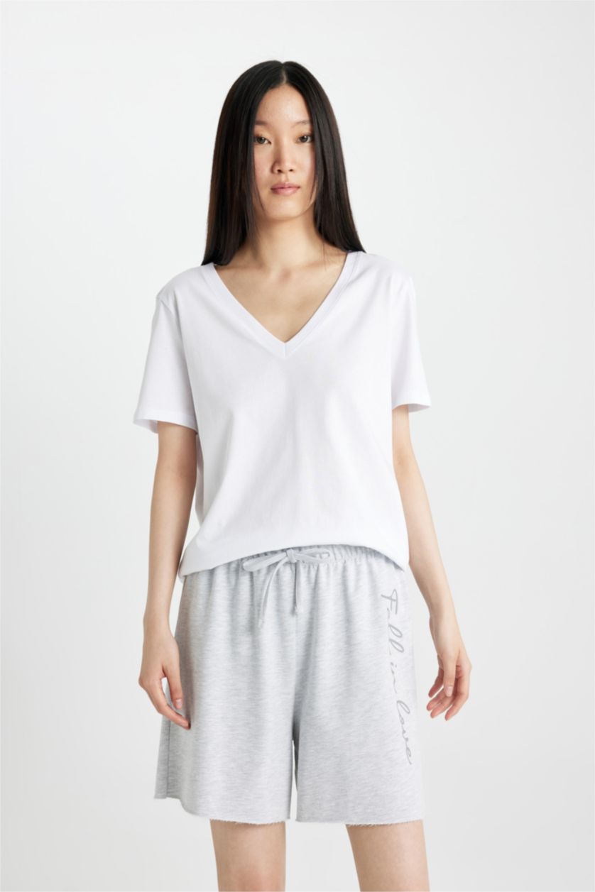 Kadın Gri Melanj Fall in Love Baskılı Şort Pijama Altı