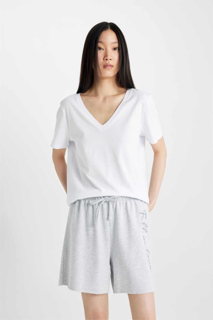 Kadın Gri Melanj Fall in Love Baskılı Şort Pijama Altı