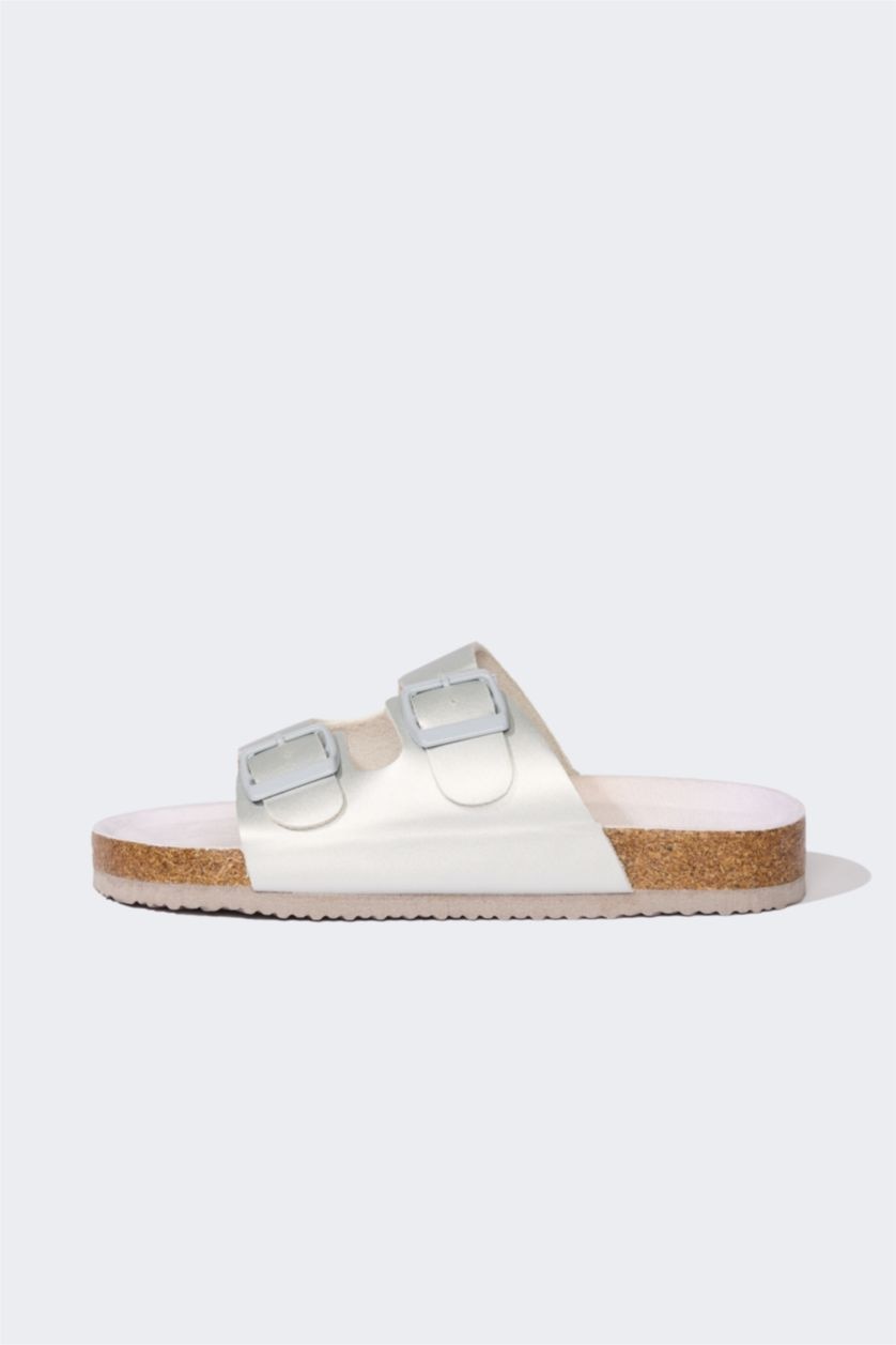 GIRLS & TEENS Grey Girl Flat Sole Double Band Faux Leather Slippers