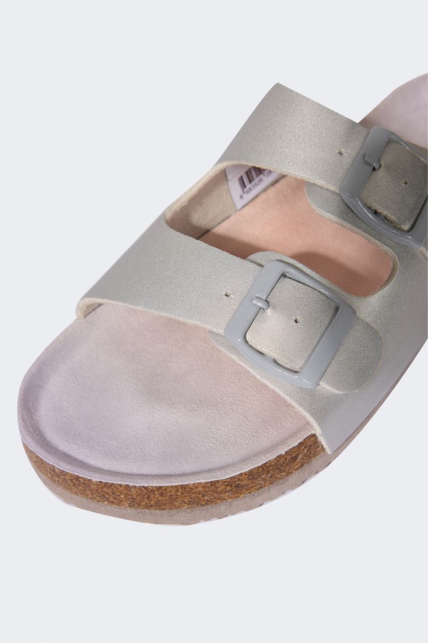 GIRLS & TEENS Grey Girl Flat Sole Double Band Faux Leather Slippers