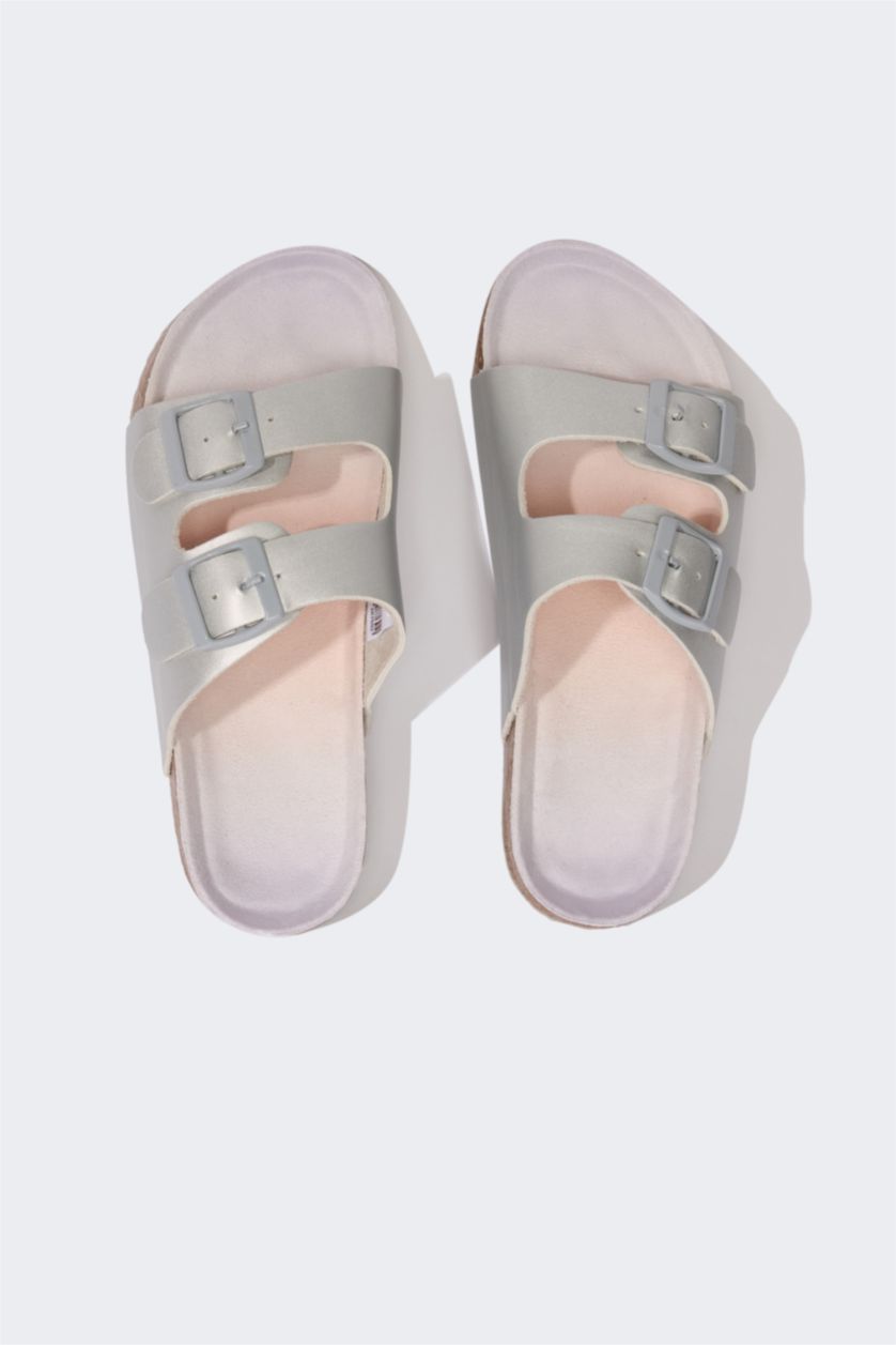 GIRLS & TEENS Grey Girl Flat Sole Double Band Faux Leather Slippers