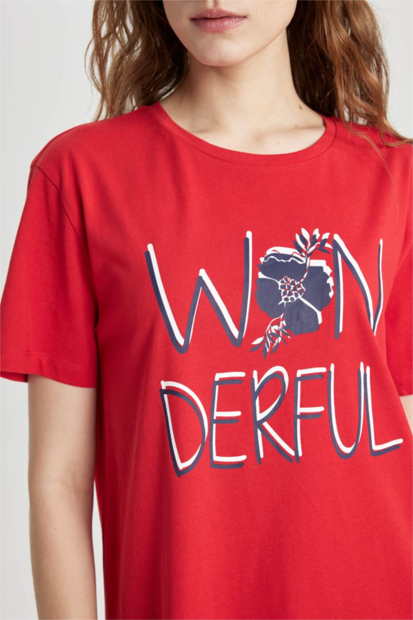 FEMME Rouge Robe Coupe Régulière à Manches Courtes Col Rond Fall In Love