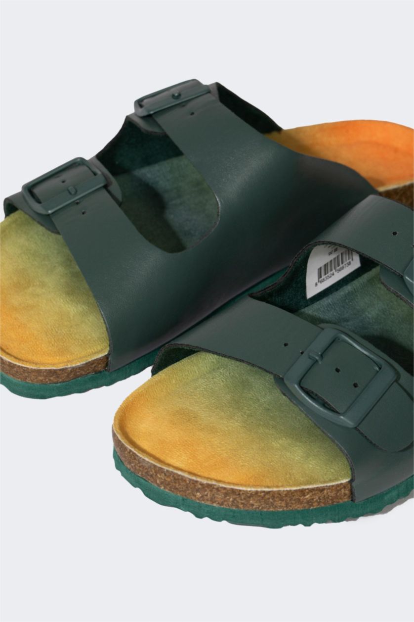 Erkek Çocuk - Genç Erkek Haki Erkek Çocuk Düz Taban Çift Bantlı Suni Deri Terlik