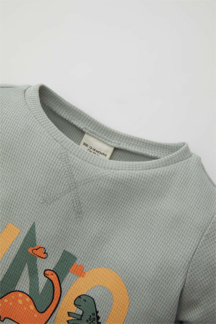 Erkek Bebek Mint Erkek Bebek Pijama Takımı Dinazor Baskılı Waffle Uzun Kollu Üst Beli Lastikli Uzun Alt