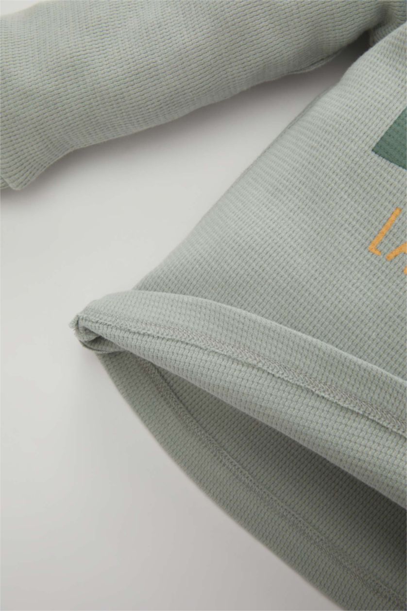 Erkek Bebek Mint Erkek Bebek Pijama Takımı Dinazor Baskılı Waffle Uzun Kollu Üst Beli Lastikli Uzun Alt