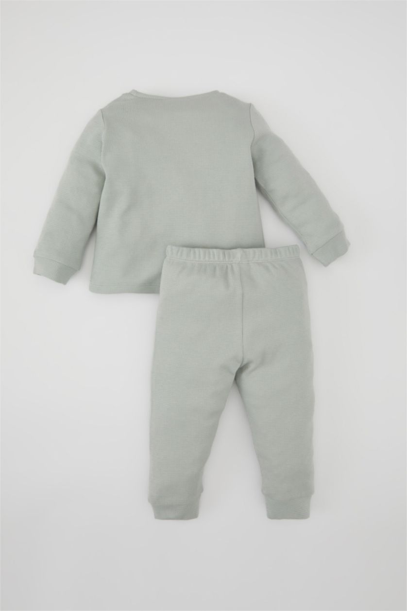 Erkek Bebek Mint Erkek Bebek Pijama Takımı Dinazor Baskılı Waffle Uzun Kollu Üst Beli Lastikli Uzun Alt