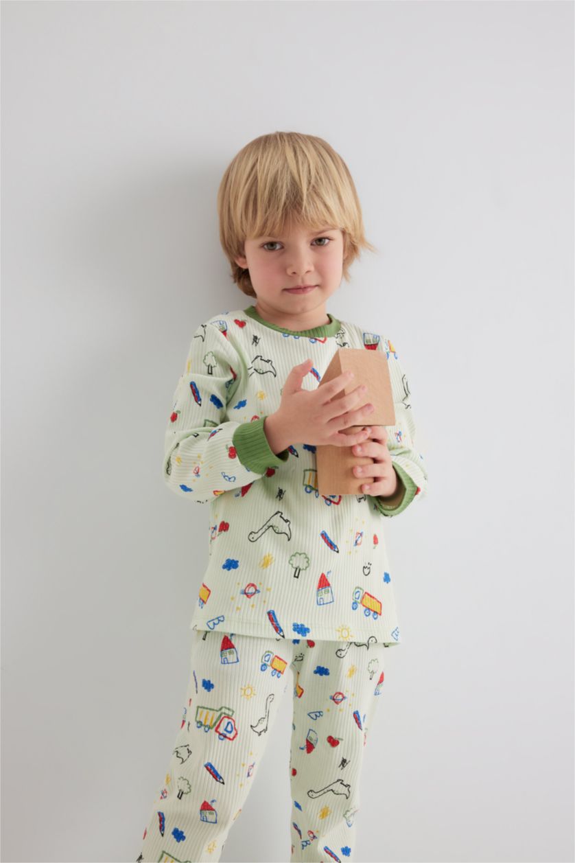 BABY BOY Aqua Baby Boy Patterned Long Sleeve Ribbed 2 Piece Pajama Set