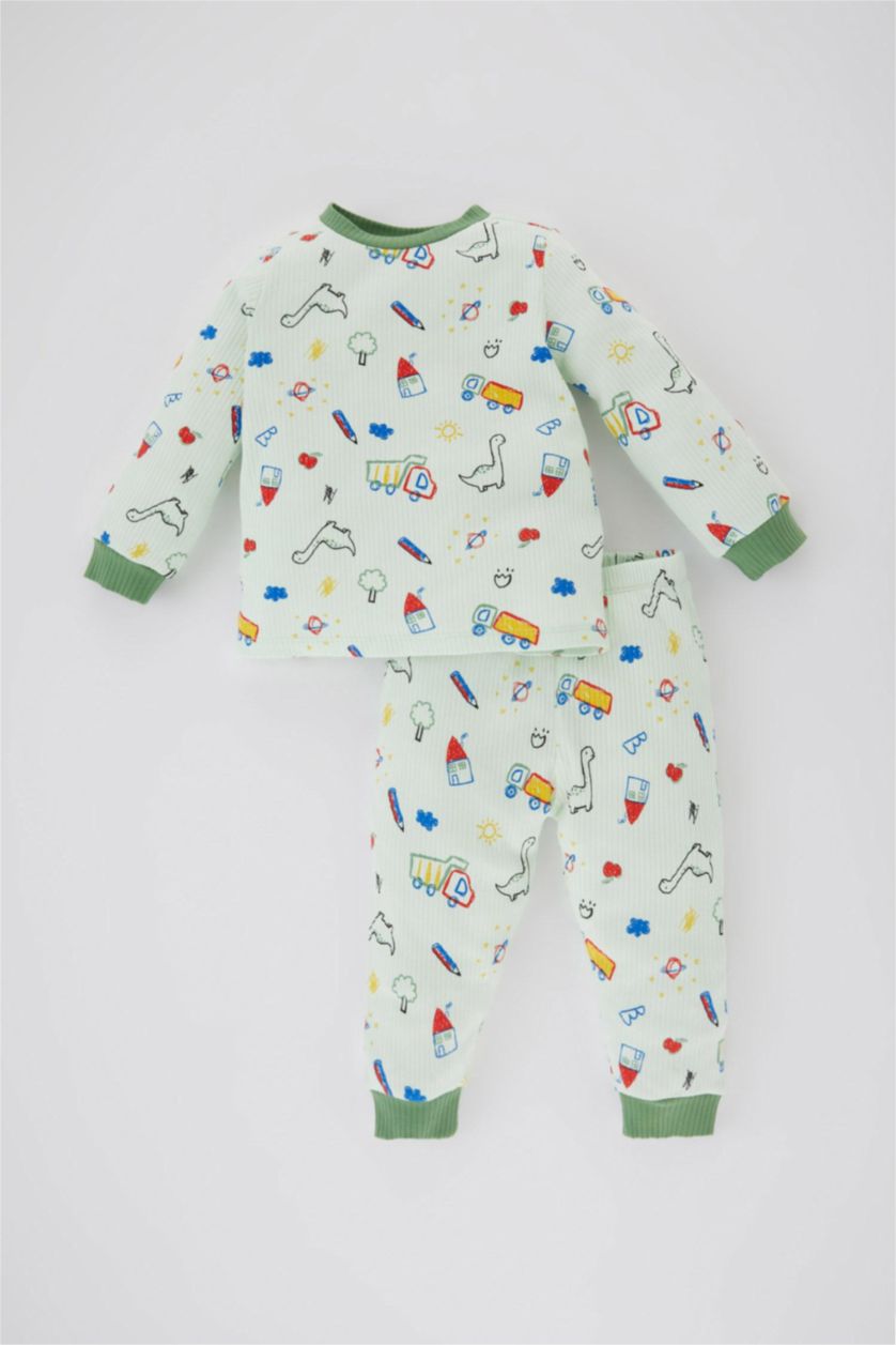 BABY BOY Aqua Baby Boy Patterned Long Sleeve Ribbed 2 Piece Pajama Set