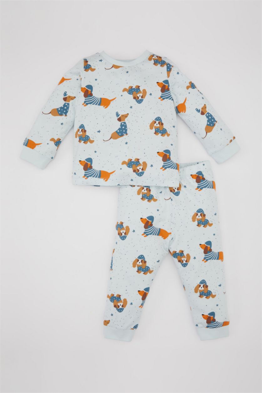 Erkek Bebek Açık Mavi Erkek Bebek Pijama Takımı Penye Köpek Desenli Uzun Kollu Üst Beli Lastikli Uzun Alt