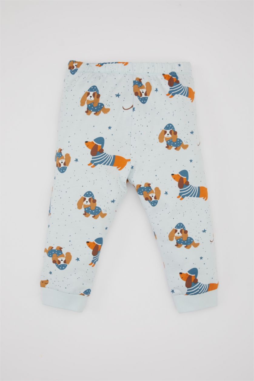 Erkek Bebek Açık Mavi Erkek Bebek Pijama Takımı Penye Köpek Desenli Uzun Kollu Üst Beli Lastikli Uzun Alt