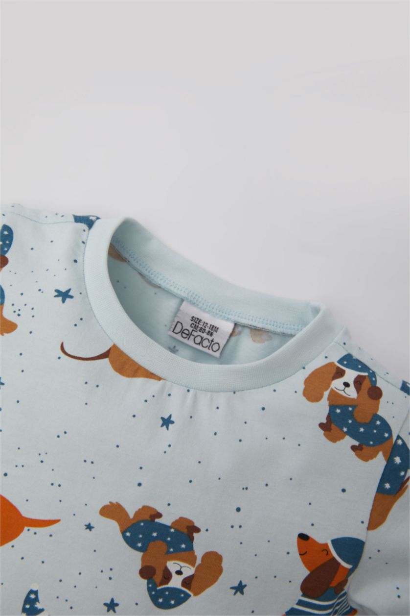 Erkek Bebek Açık Mavi Erkek Bebek Pijama Takımı Penye Köpek Desenli Uzun Kollu Üst Beli Lastikli Uzun Alt