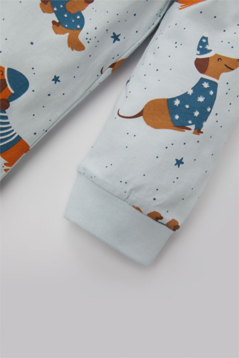 Erkek Bebek Açık Mavi Erkek Bebek Pijama Takımı Penye Köpek Desenli Uzun Kollu Üst Beli Lastikli Uzun Alt